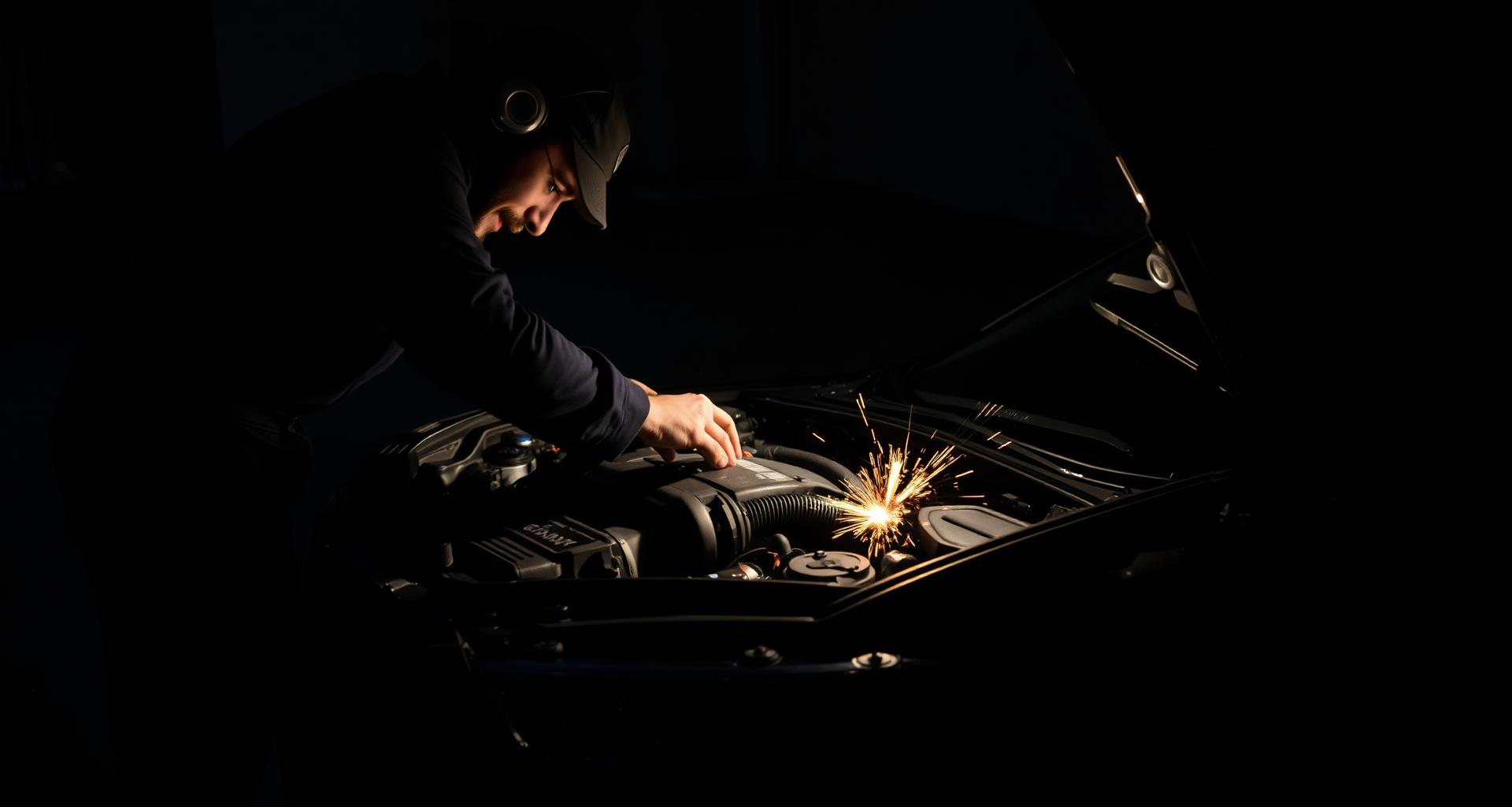 Mobile mechanic working on a car engine at night